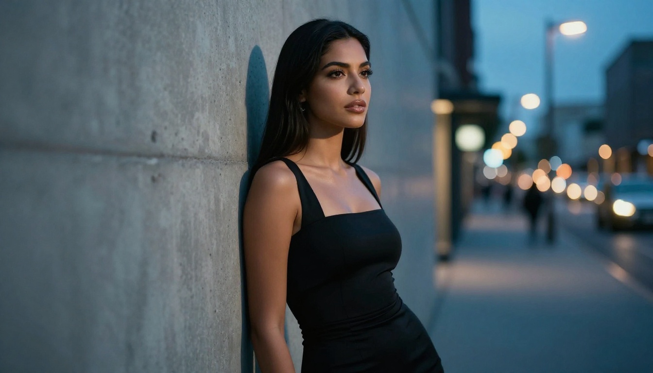 Latina woman in black fitted dress against concrete city wall, blue hour evening light, warm/cool cinematic color contrast
