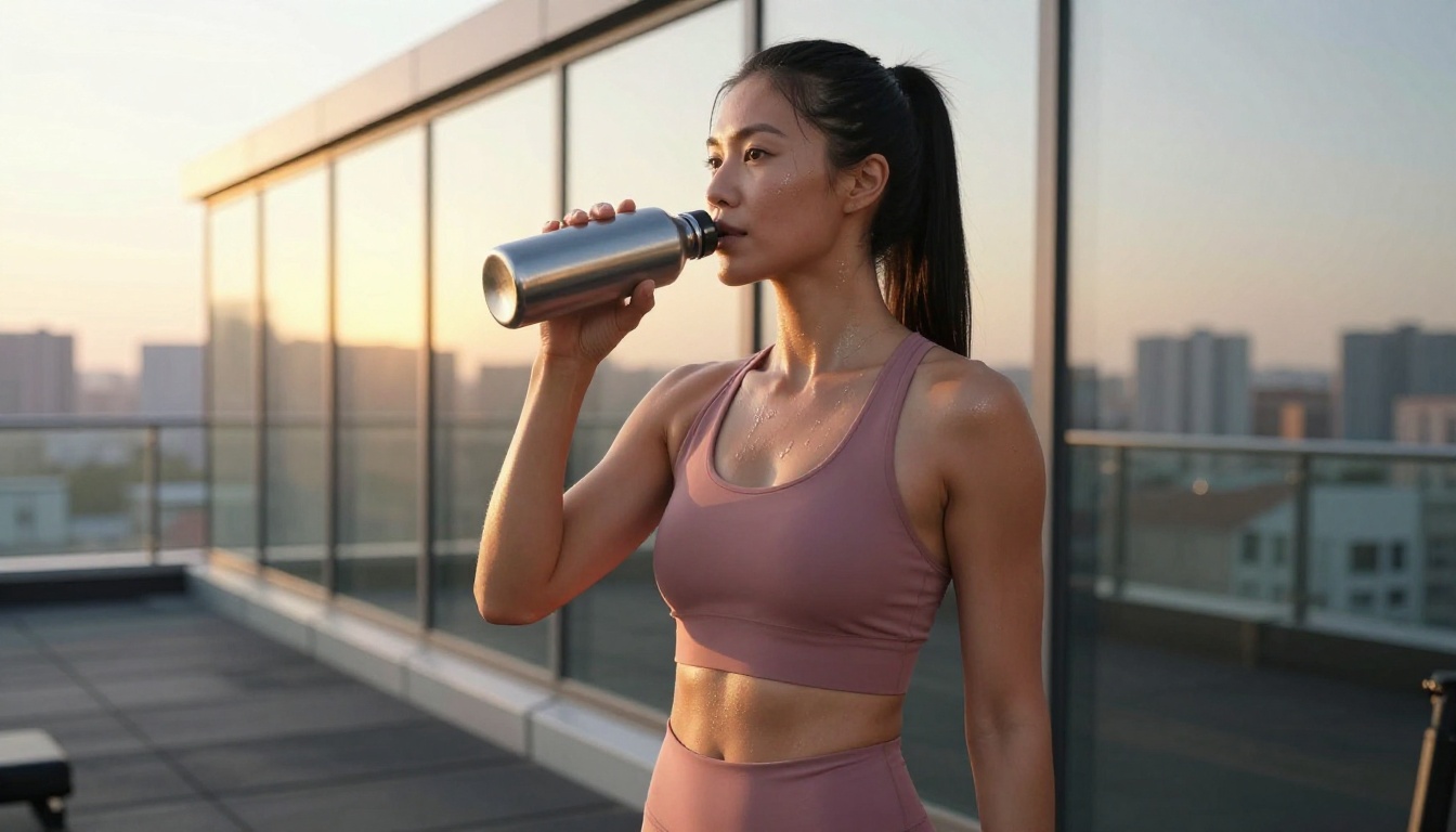 Athletic woman in dusty rose workout set at sunrise rooftop gym, golden light through glass walls, city skyline behind her