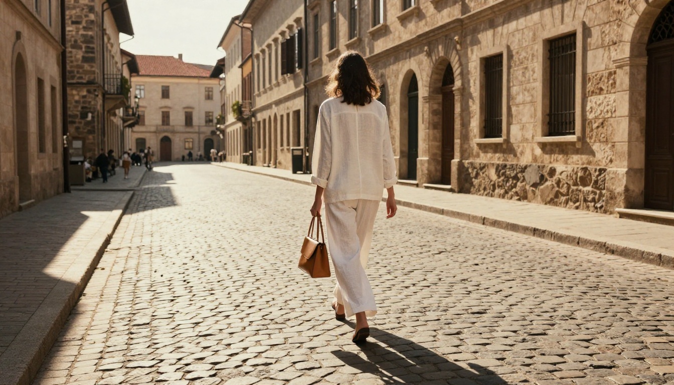 Woman walking down European cobblestone street in a white linen blazer, golden late afternoon shadows, lifestyle editorial photography