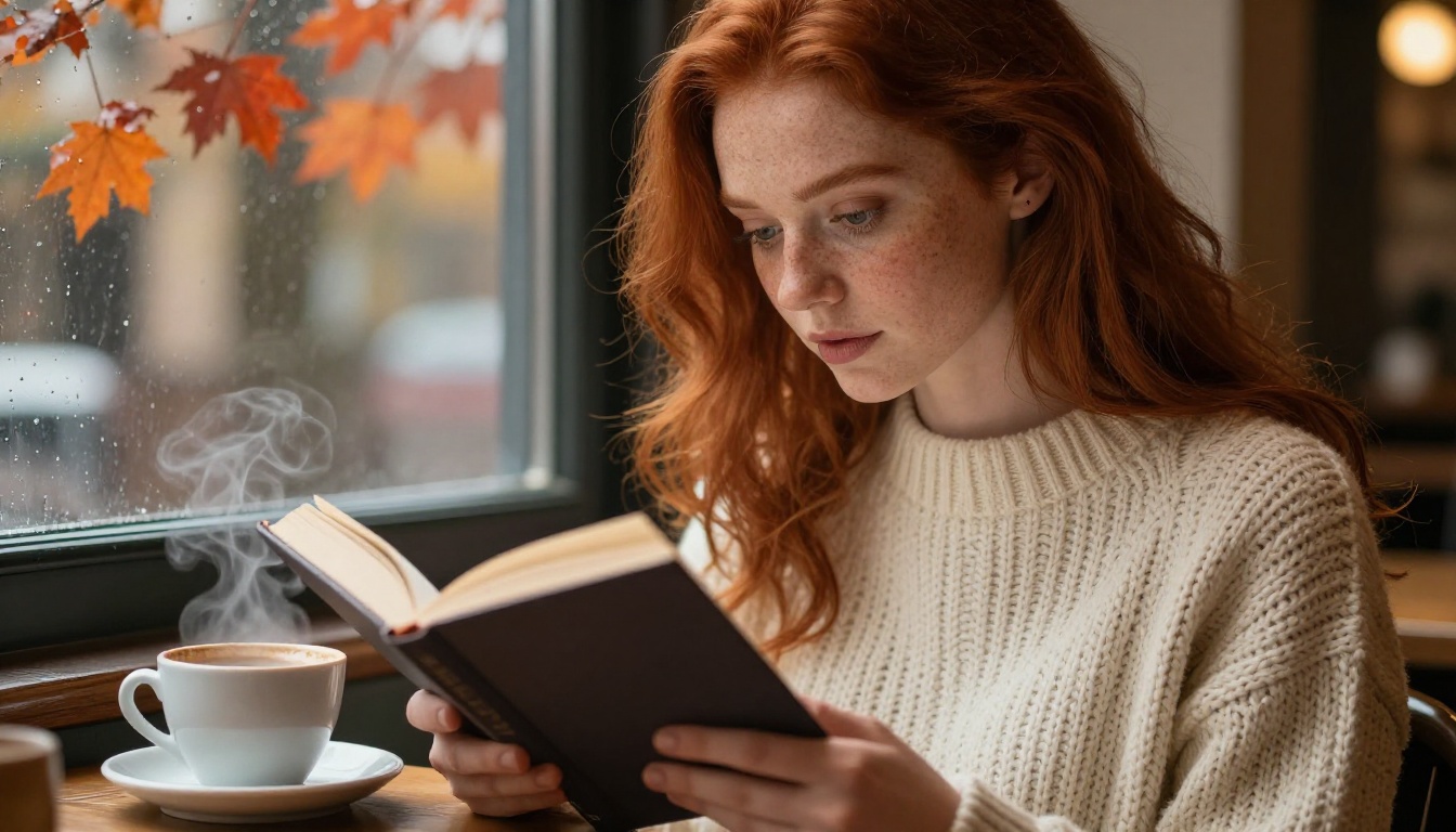 Intimate close-up of a redheaded woman reading at a cozy cafe window seat, warm amber autumn light, chunky cream knit sweater, steam rising from coffee cup