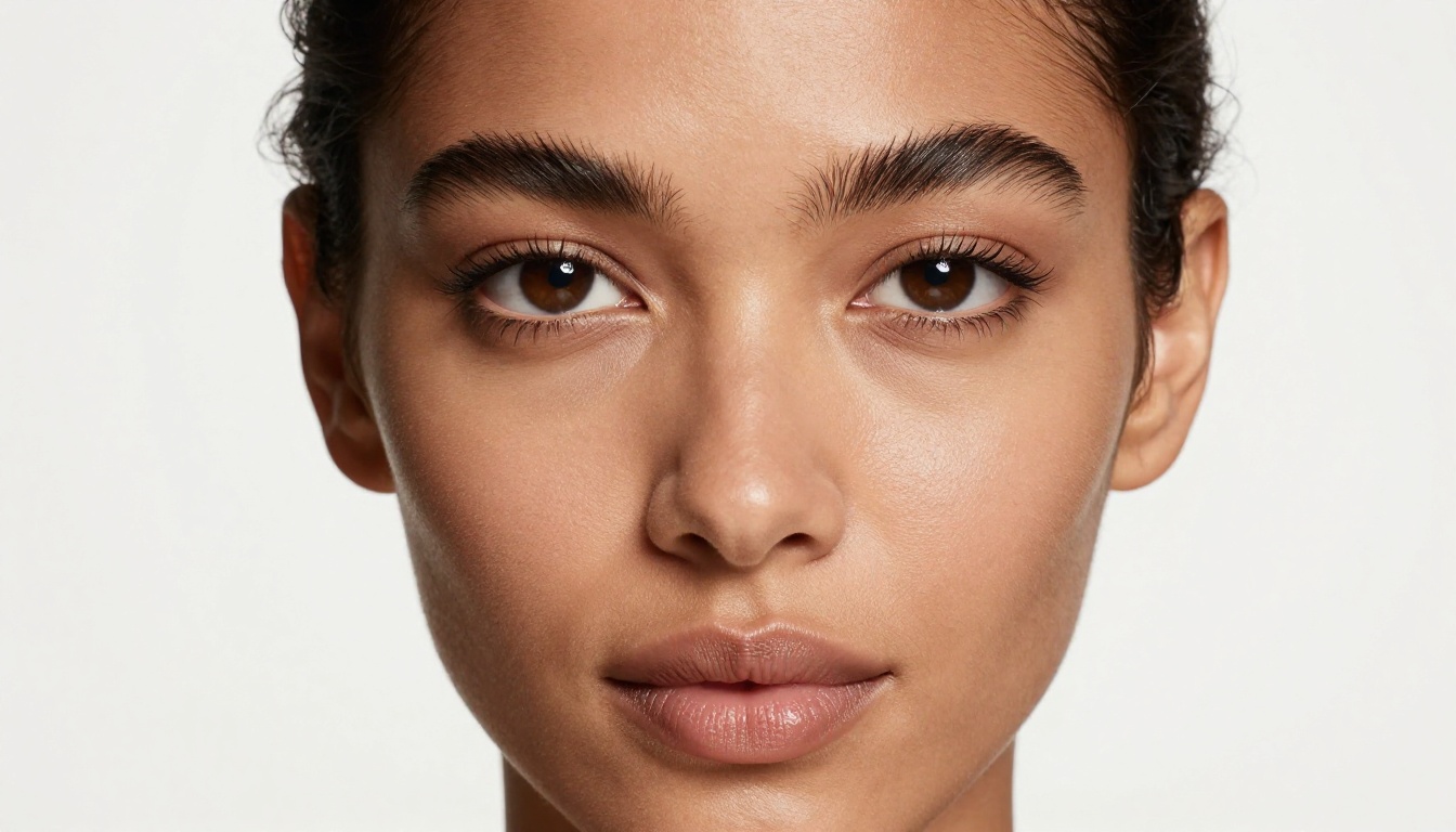 Close-up beauty portrait of a mixed-race woman, caramel skin, deep brown eyes, minimal makeup, butterfly studio lighting, extraordinary skin texture detail