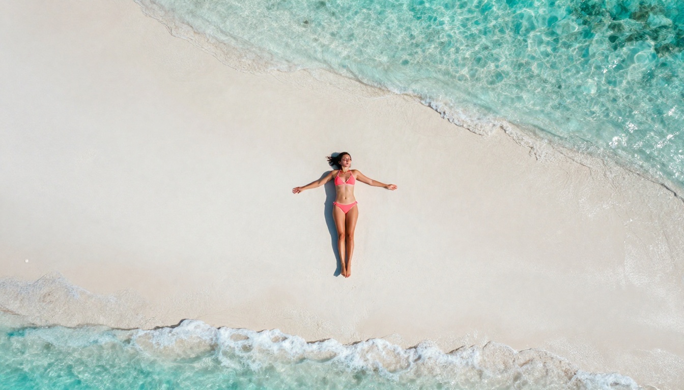 Aerial overhead photography of woman in coral bikini on white sand beach
