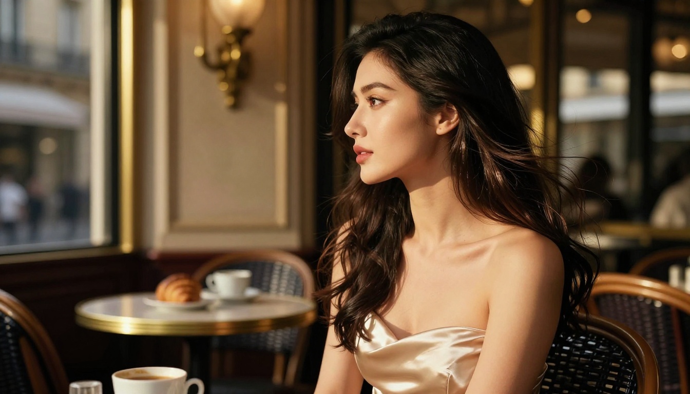 Elegant woman in champagne dress at Parisian cafe in warm morning light