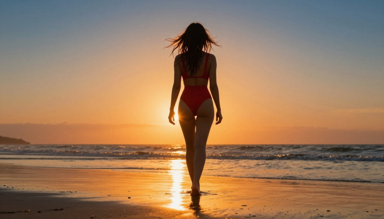 Woman in red swimsuit walking beach at golden hour with backlight rim effect Woman in red swimsuit walking beach at golden hour with backlight rim effect