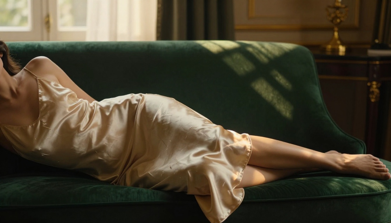 Woman in silk slip dress reclining on velvet chaise in luxury hotel suite with afternoon light Woman in silk slip dress reclining on velvet chaise in luxury hotel suite with afternoon light