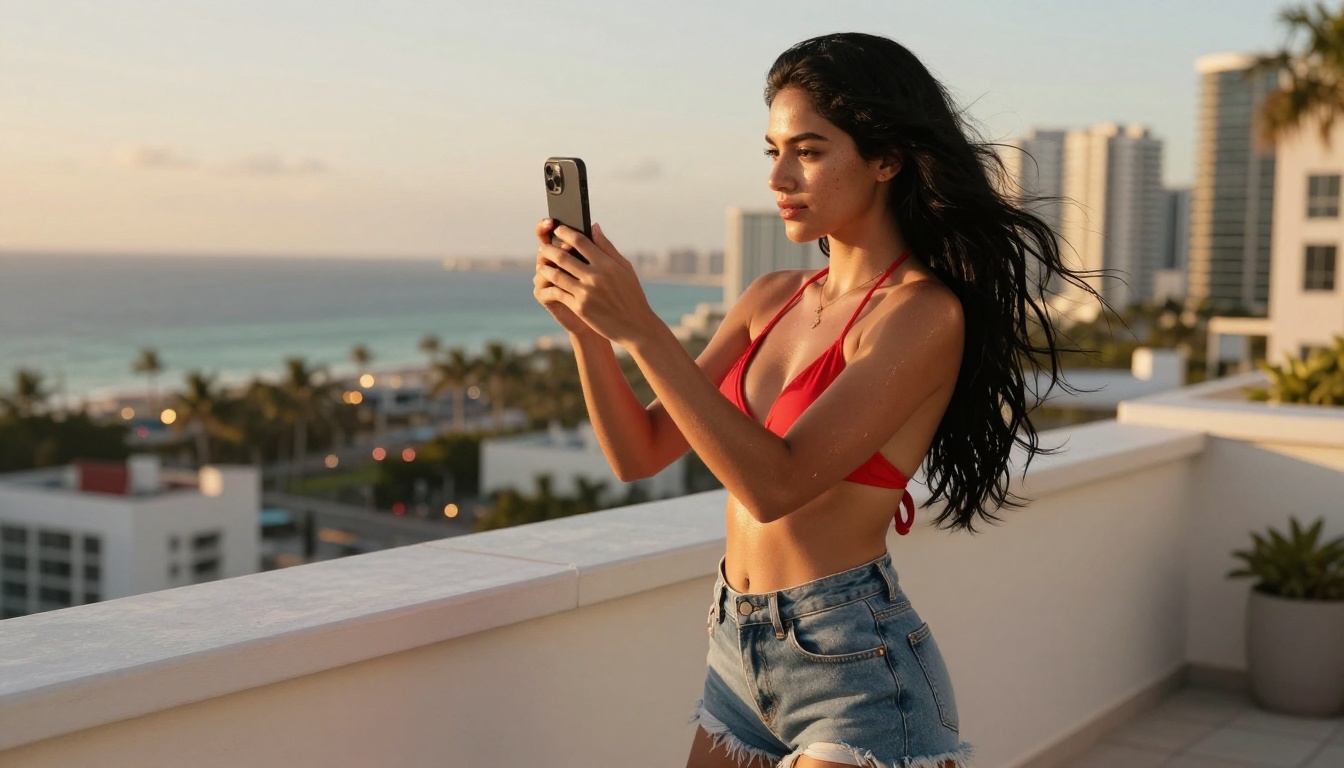 Woman filming a reel on a Miami rooftop at golden hour