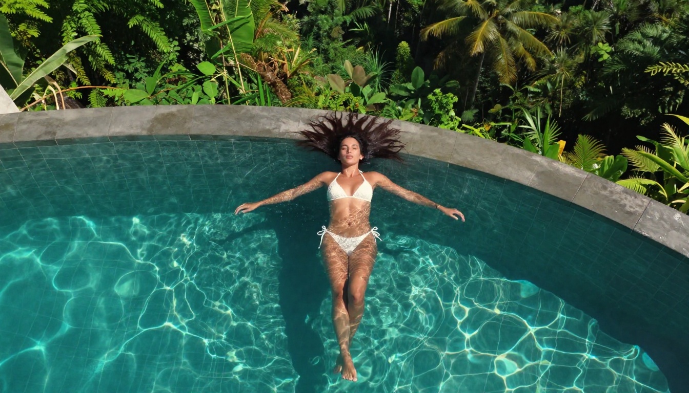 Aerial overhead shot of woman in infinity pool, Bali tropical landscape