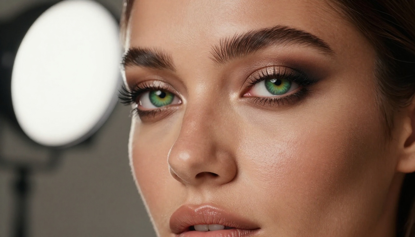 Close-up beauty portrait with Rembrandt lighting, striking green eyes