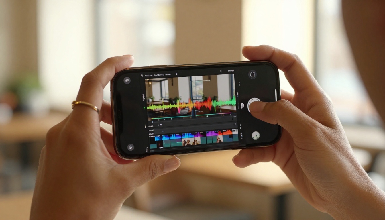Woman holding smartphone showing reel edit, warm cafe lighting Woman holding smartphone showing reel edit, warm cafe lighting