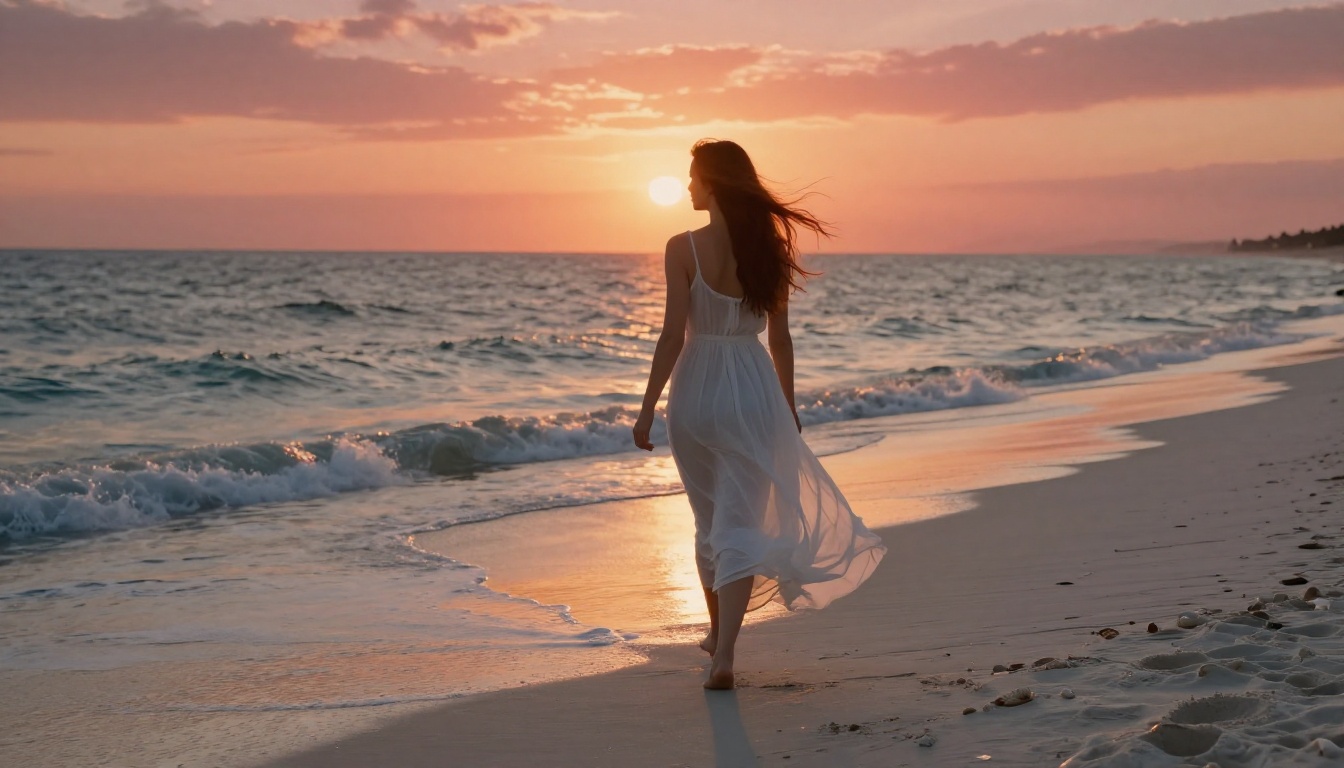 Woman in white dress walking on beach at golden hour sunset Woman in white dress walking on beach at golden hour sunset