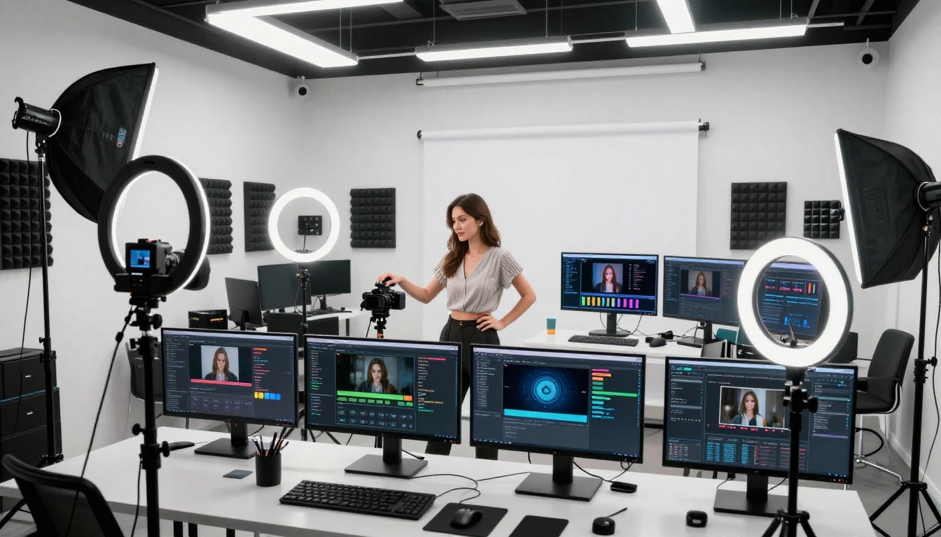 Professional content creator studio with AI video interfaces on monitors Professional content creator studio with AI video interfaces on monitors