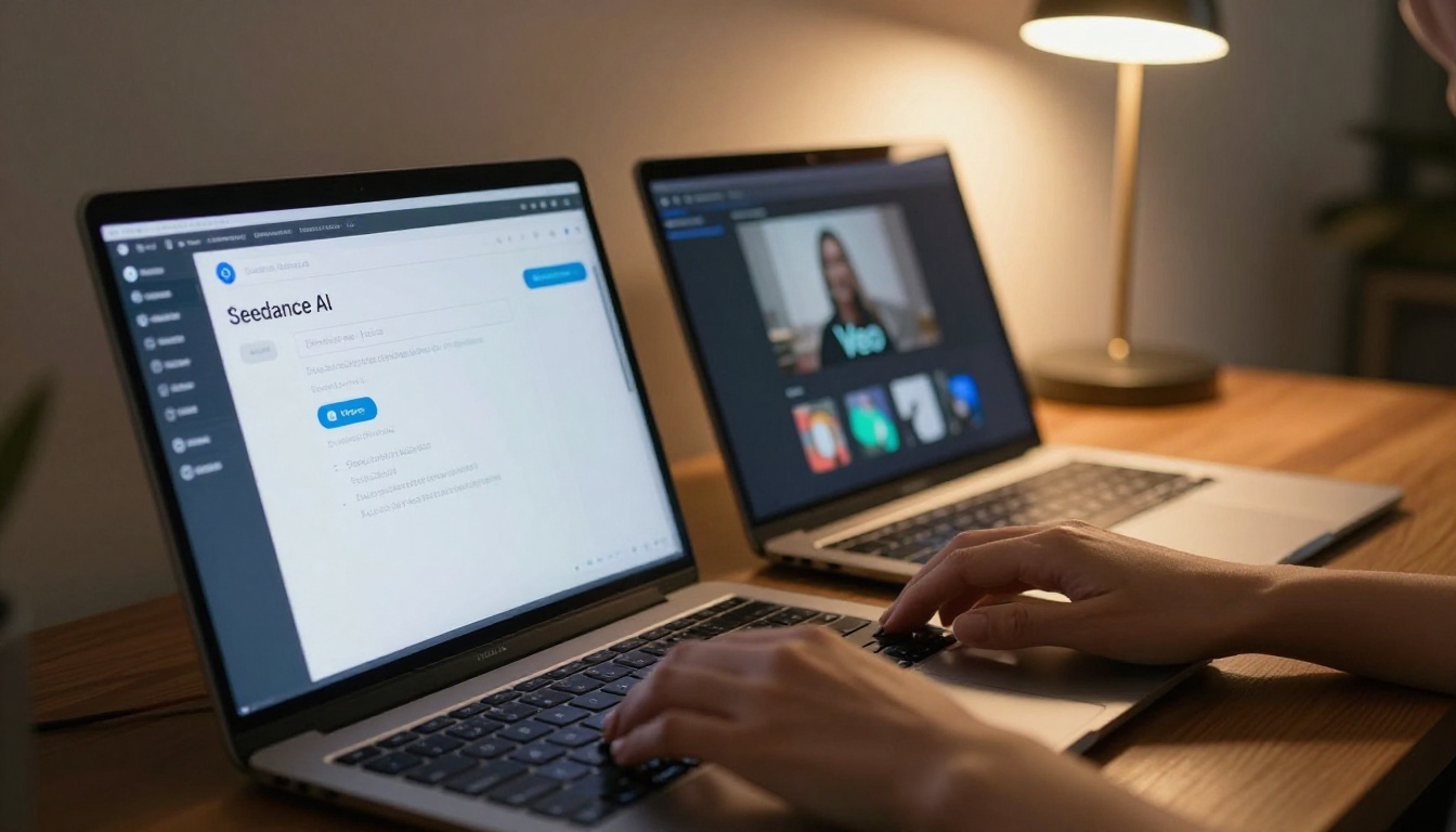 AI comparison interface on two laptop screens side by side