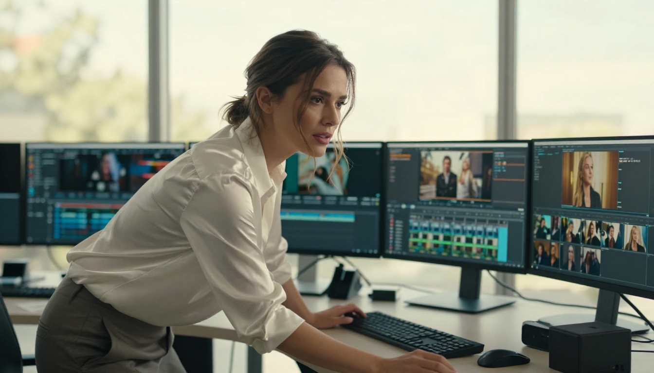 Woman reviewing glamorous video footage at professional editing desk