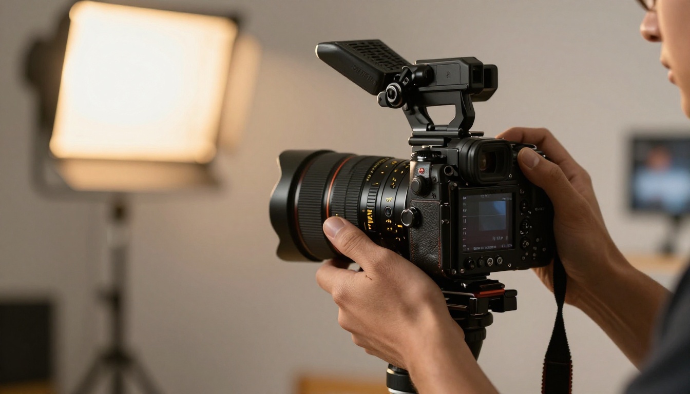 Professional filmmaker with cinema-grade camera in warm-lit studio