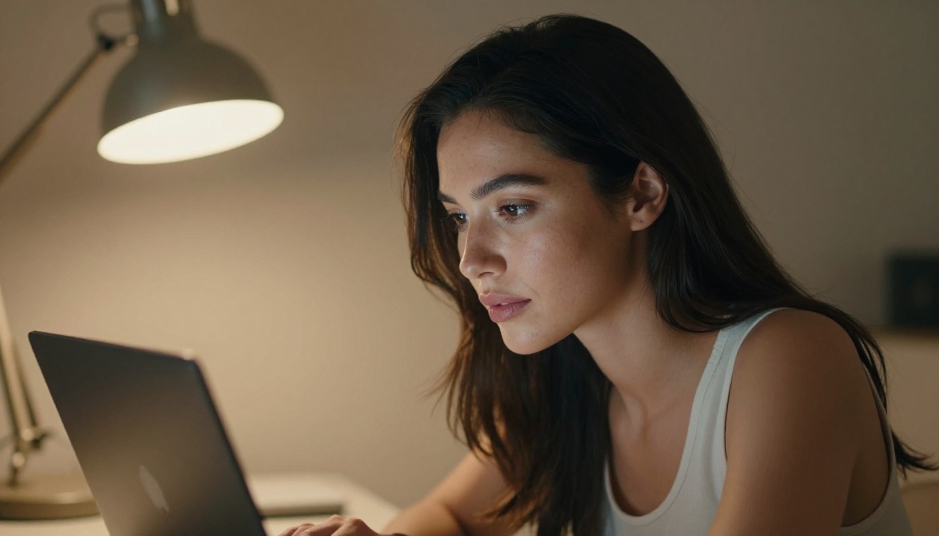 Woman focused at a laptop in a warm home office, shallow depth of field Woman focused at a laptop in a warm home office, shallow depth of field