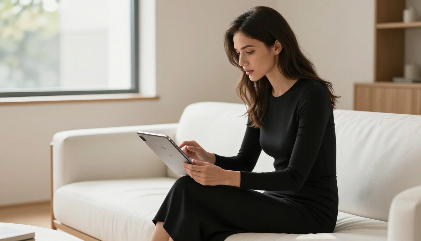 Elegant woman in black dress on white sofa using iPad for content creation