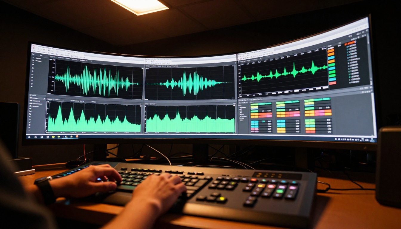 Professional video production color grading timeline on curved ultrawide monitor