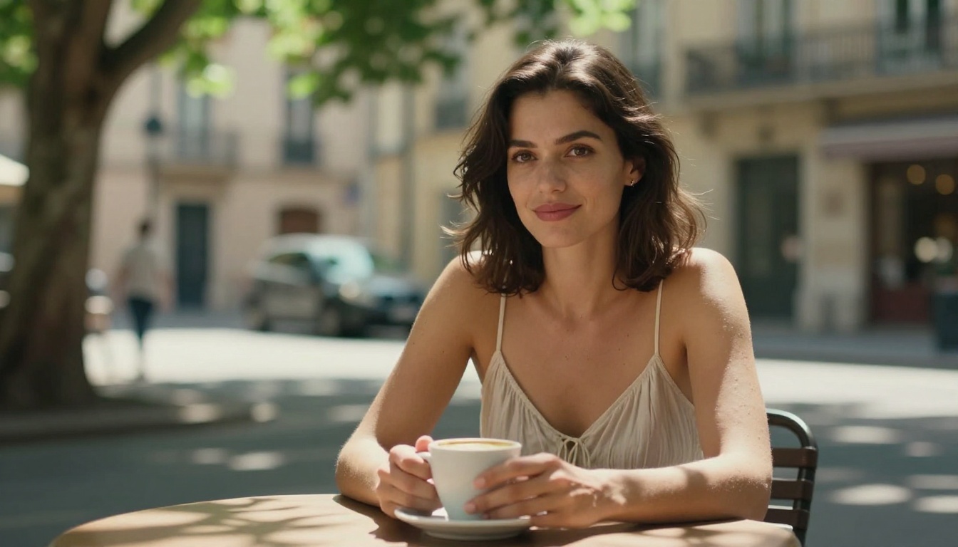 Woman sitting at outdoor café terrace in summer dress, dappled sunlight Woman sitting at outdoor café terrace in summer dress, dappled sunlight