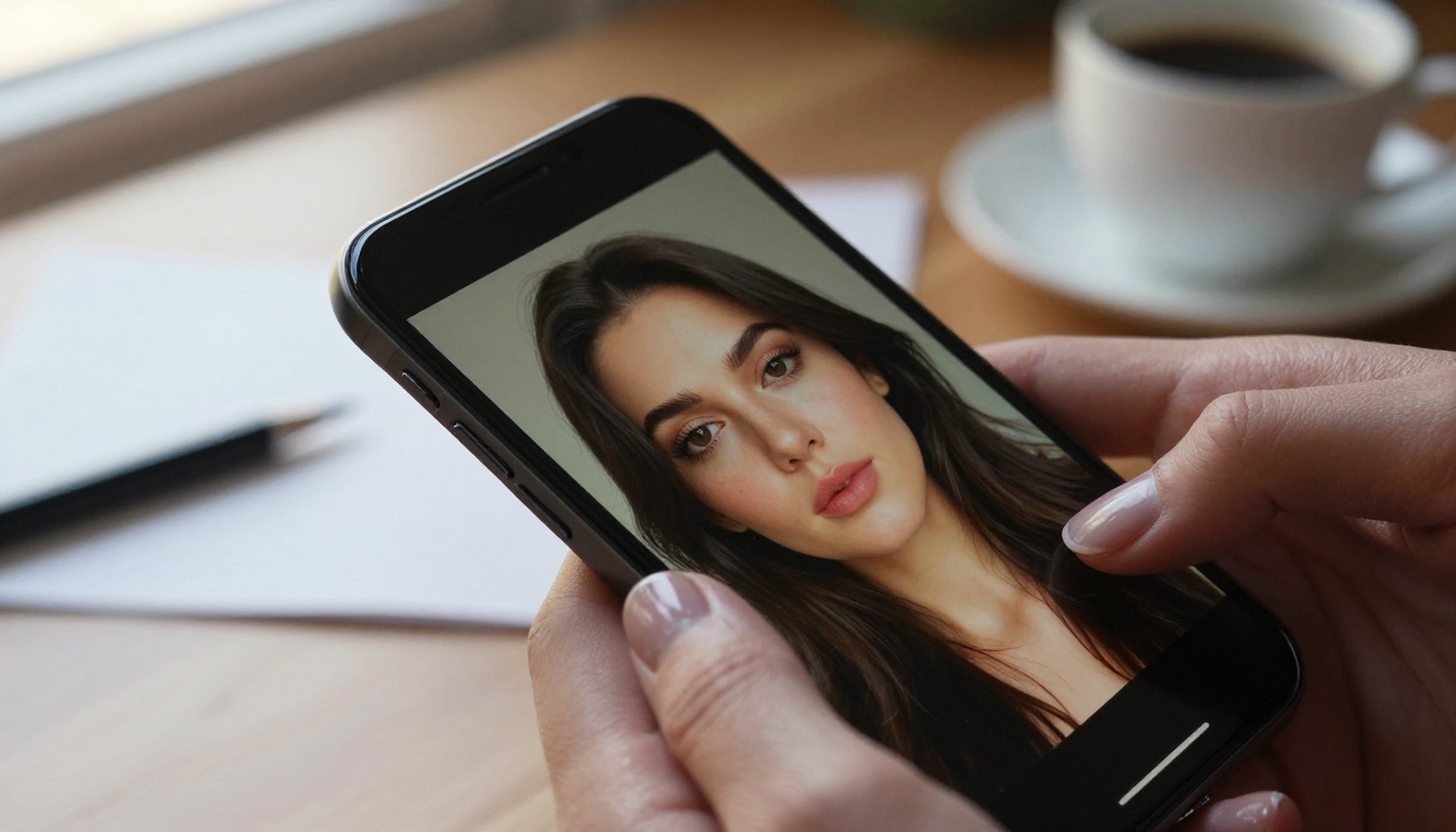 Person holding smartphone displaying AI-generated portrait, macro close-up