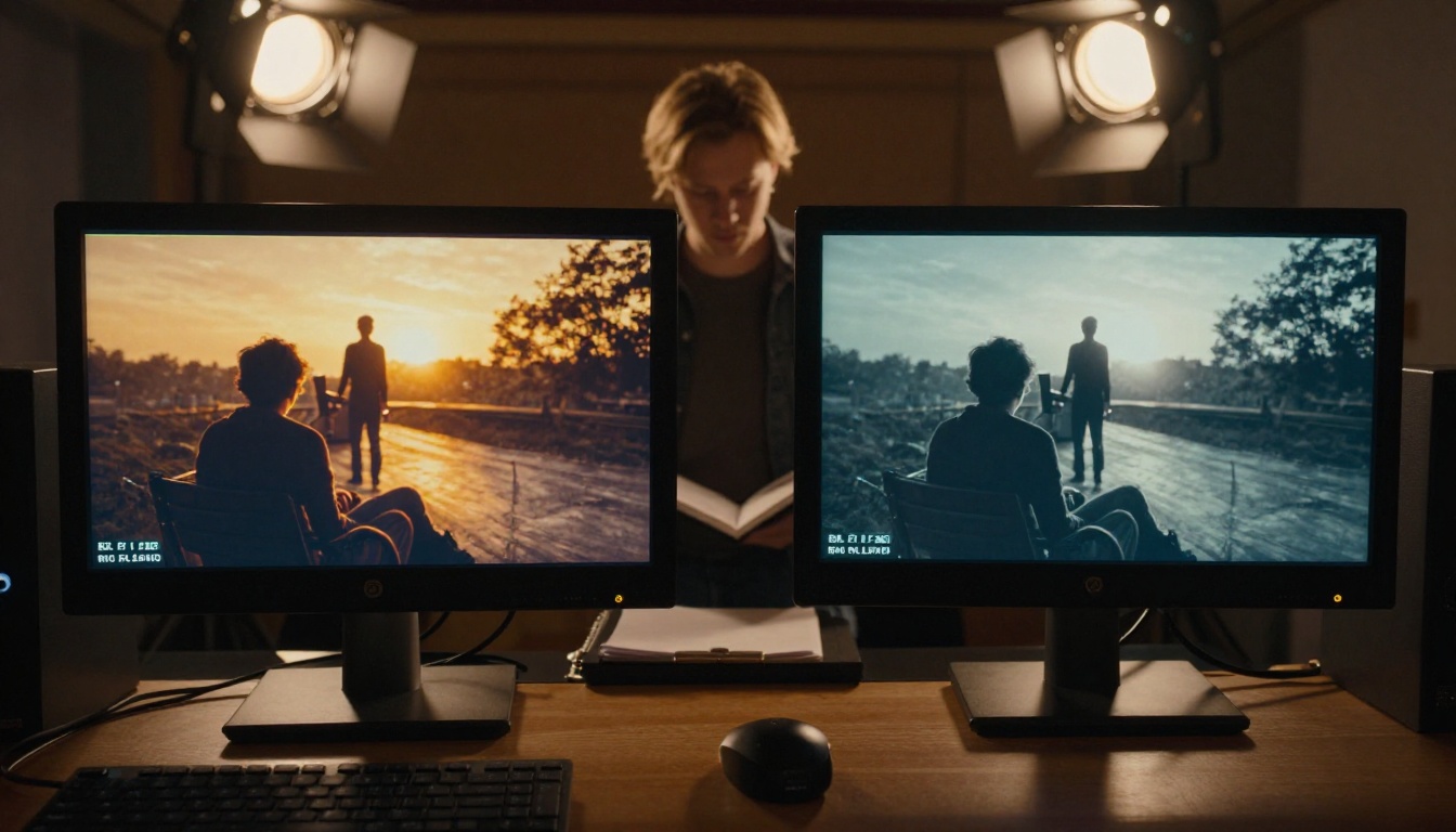 Two professional cinema reference monitors showing video quality comparison in post-production suite