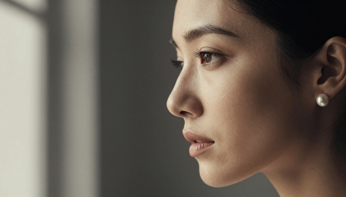 Side profile portrait of woman with dramatic single-source window light and shadow