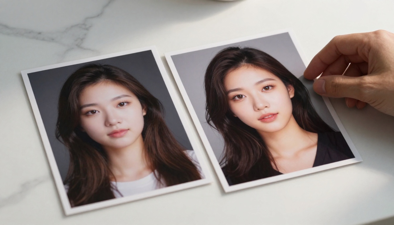 Before and after AI image comparison printed photos on white marble surface Before and after AI image comparison printed photos on white marble surface