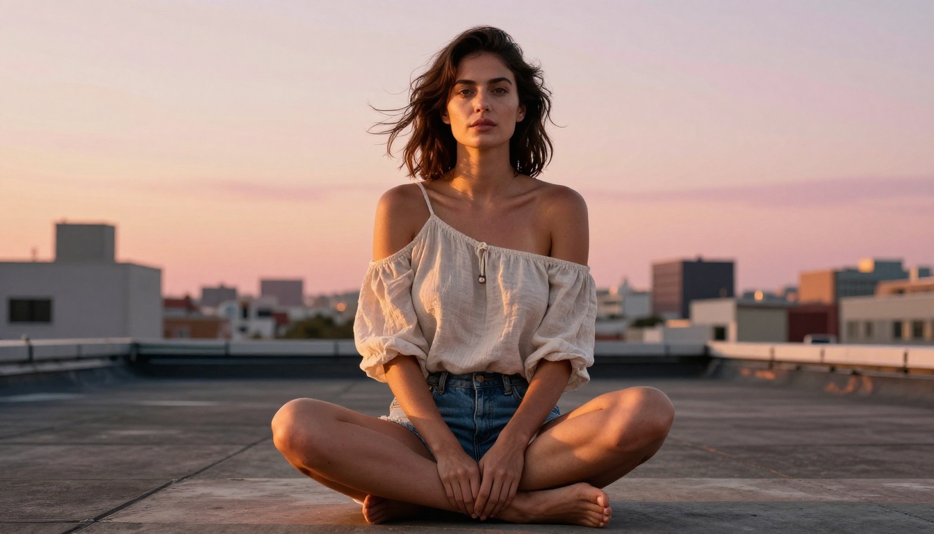 Woman sitting on a rooftop at sunset with city skyline behind her, windswept hair