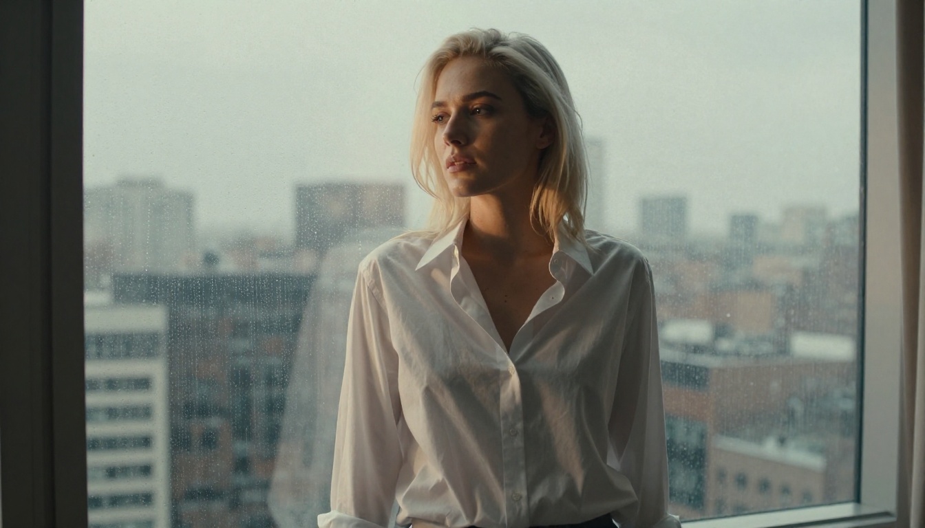 Platinum blonde woman in a white shirt standing beside rain-streaked hotel window