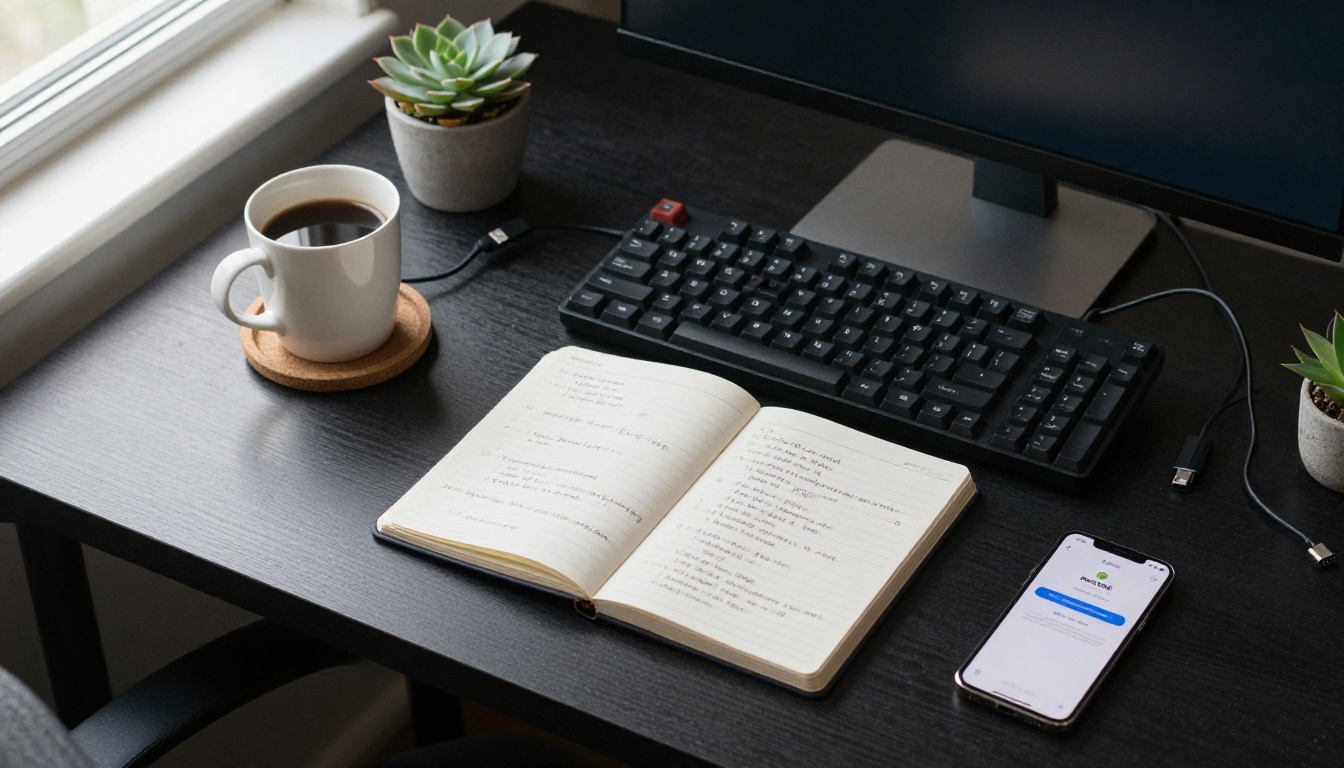 Developer workspace flatlay with notebook and API notes