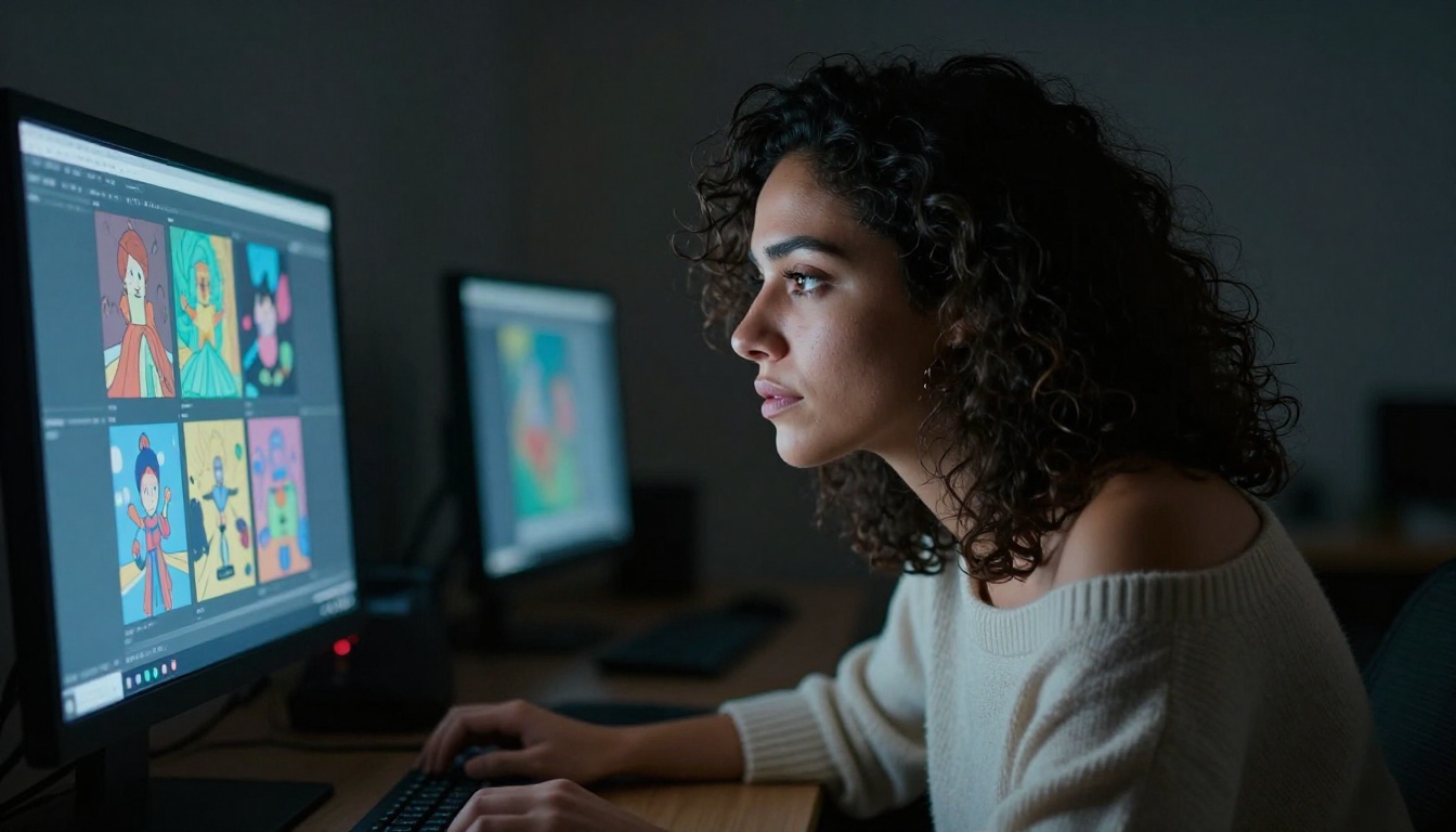 AI content creator studying animation frames on an illuminated screen AI content creator studying animation frames on an illuminated screen