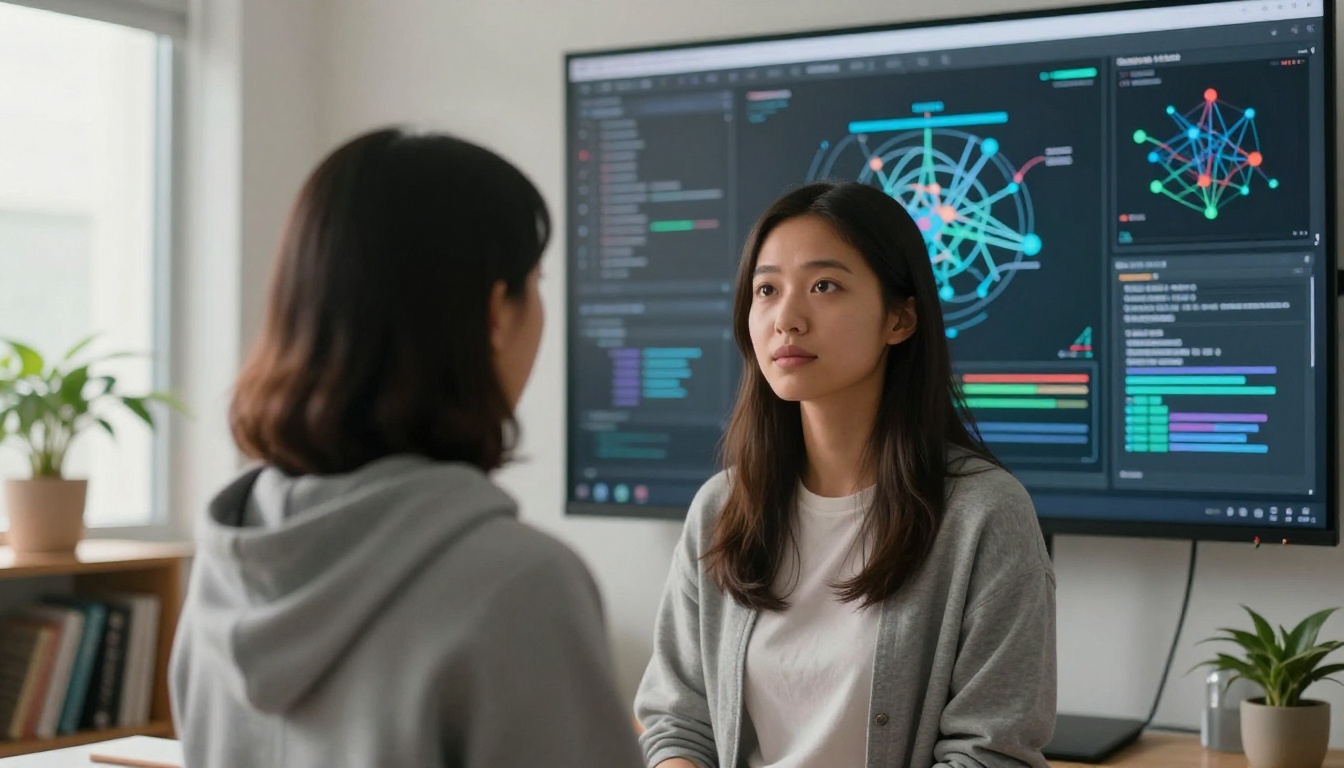 Woman software engineer in front of AI model architecture diagram