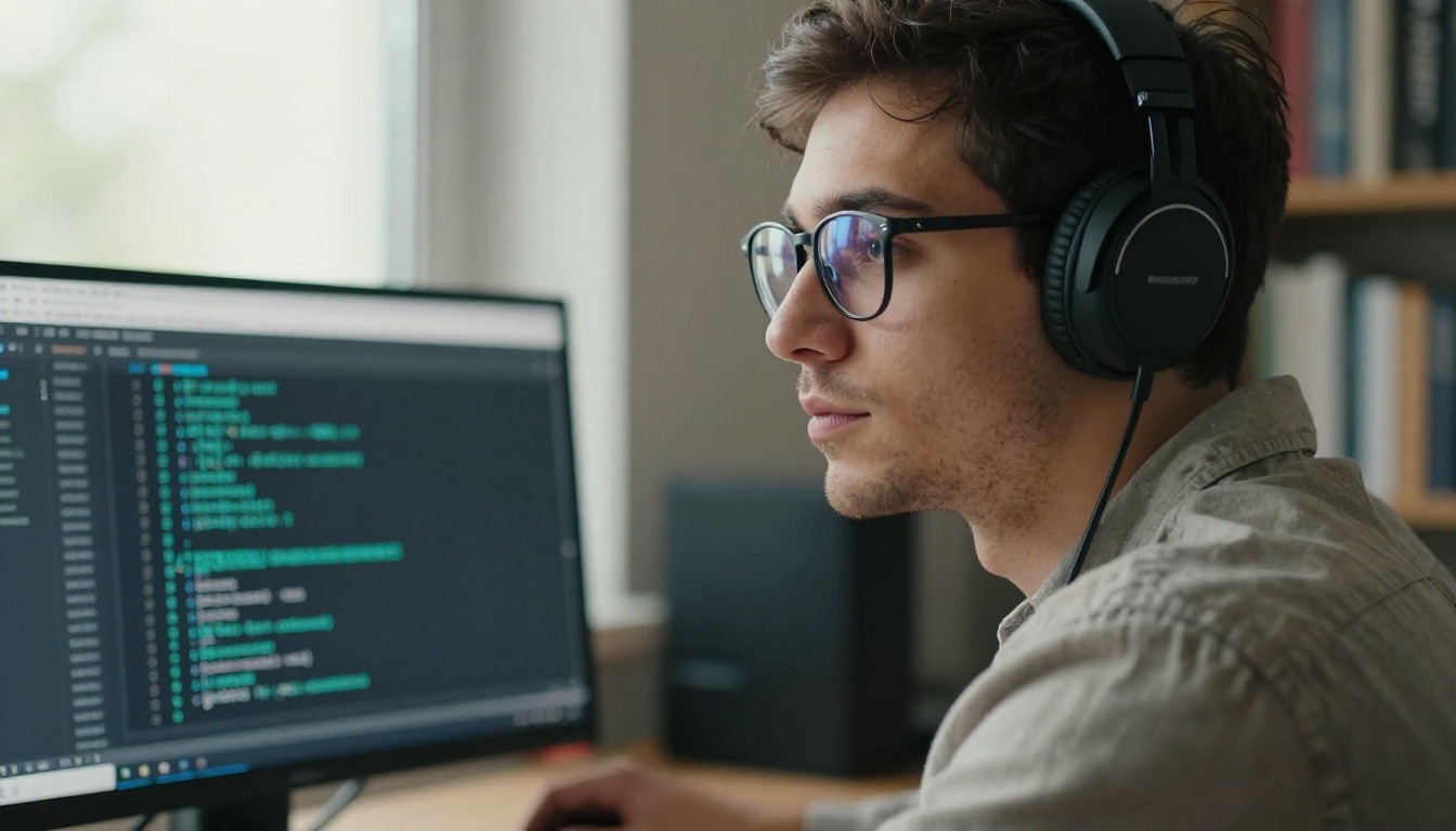 Developer with glasses studying JSON API responses on screen