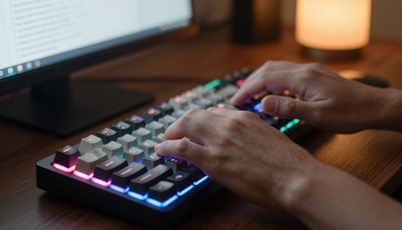 Hands typing on mechanical keyboard in dramatic close-up