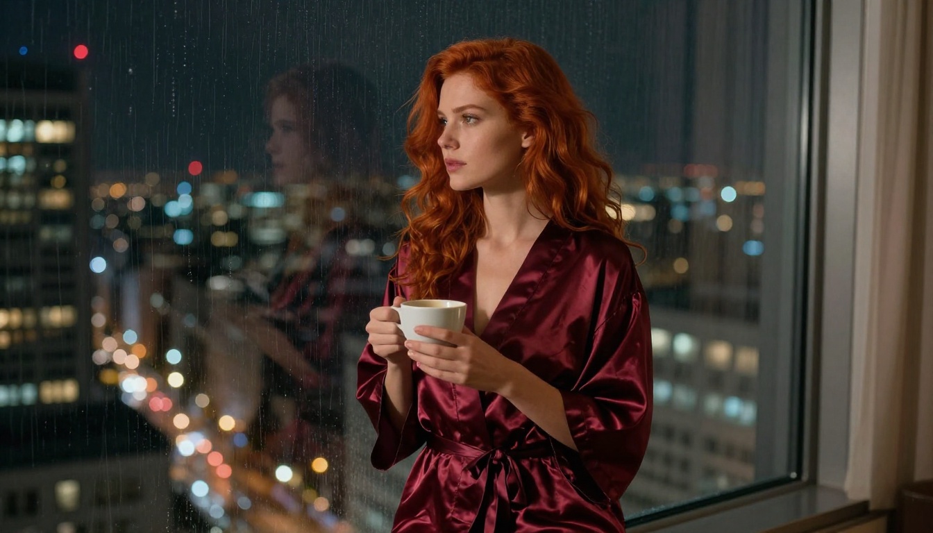 Elegant woman in burgundy satin robe standing by rain-streaked floor-to-ceiling city window at night