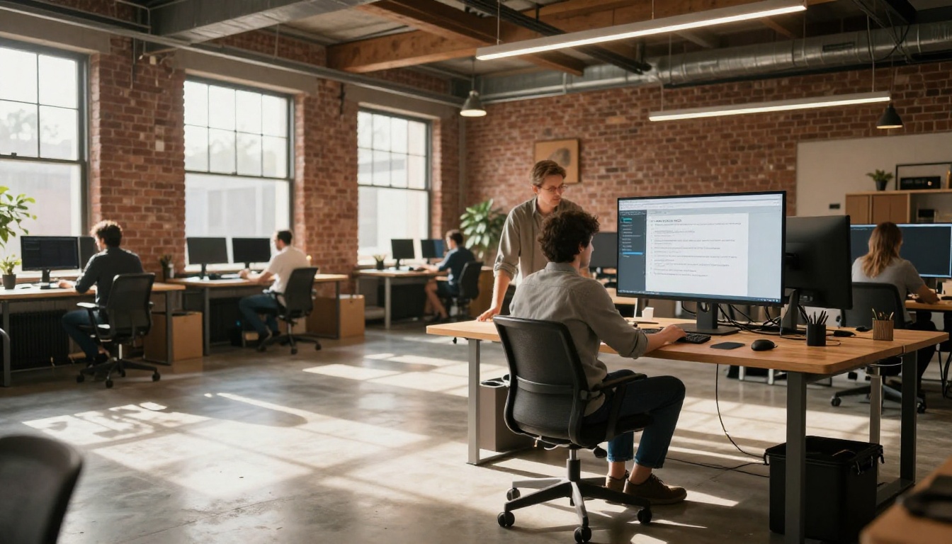 Two developers collaborating at a standing desk in a coworking space