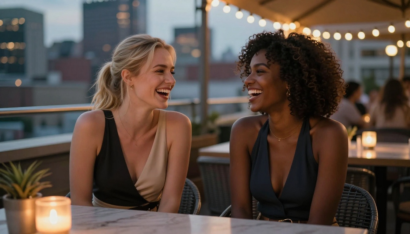 Two women laughing at a rooftop bar under warm string lights, city skyline soft-focused behind them
