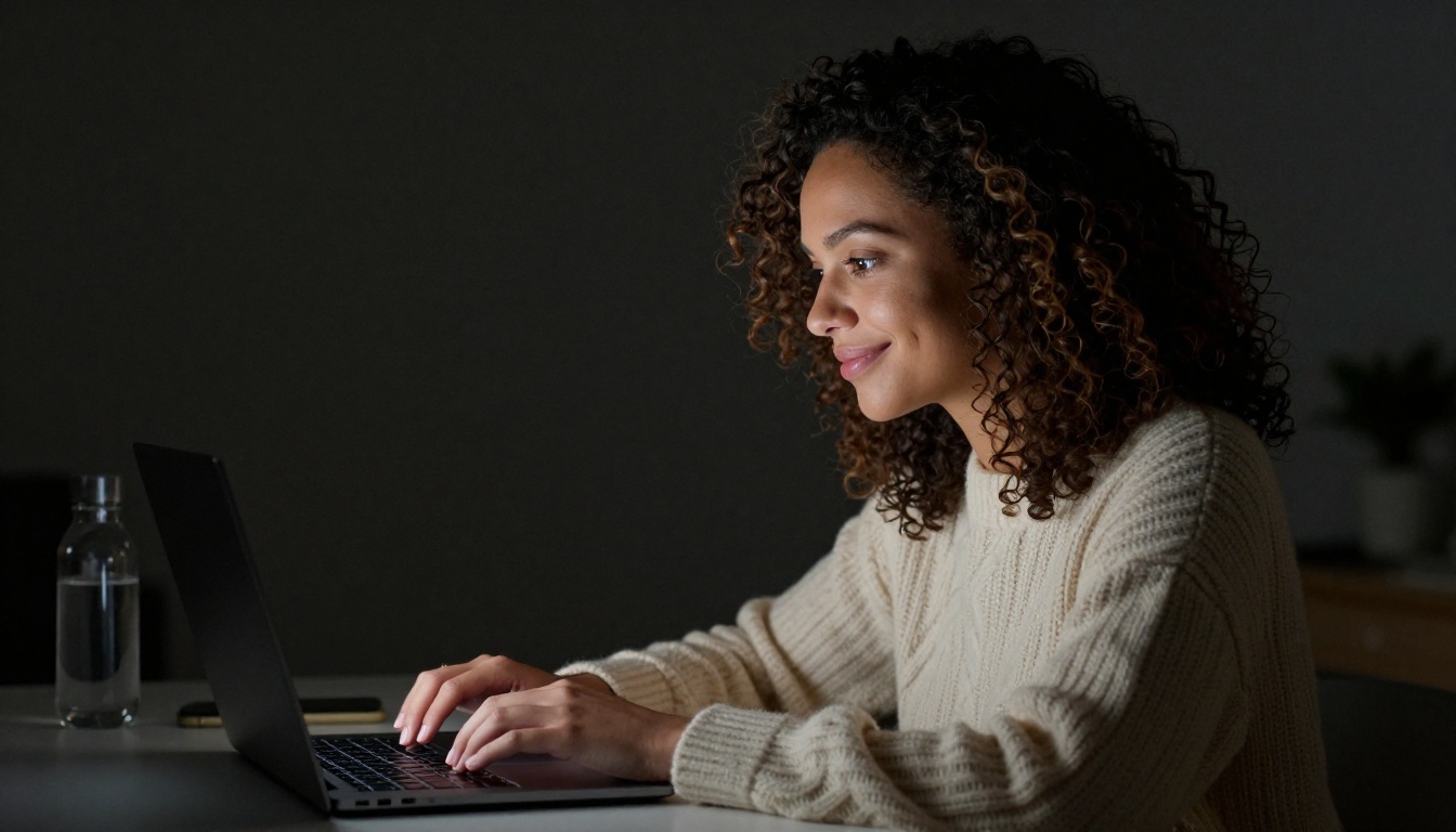 Woman smiling at laptop screen with AI chat responses at night