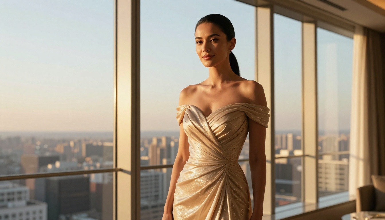 Stylish woman in champagne off-shoulder gown standing in a penthouse with panoramic golden hour city view