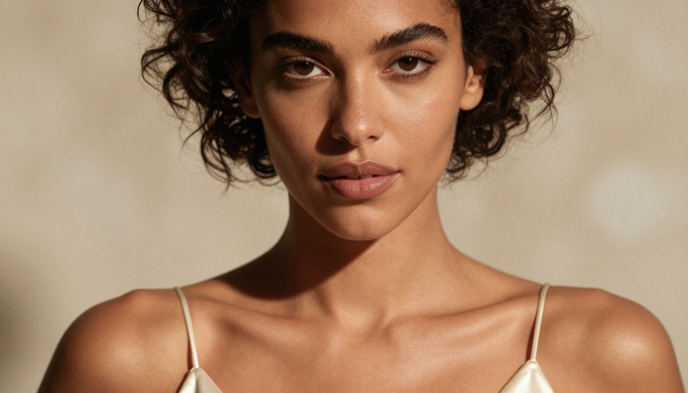 Close-up portrait of a Mediterranean woman with olive skin and deep brown eyes, wearing a thin-strap satin dress, soft volumetric light from the left, photorealistic