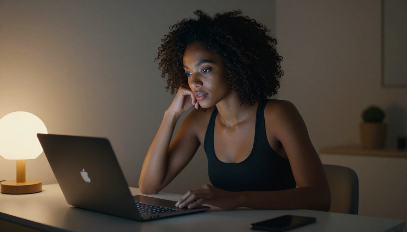 A woman with dark skin and natural hair at a modern desk with a laptop glowing in a dim room, wearing a fitted sports bra, warm tungsten lamp creating moody amber light, photorealistic lifestyle photography