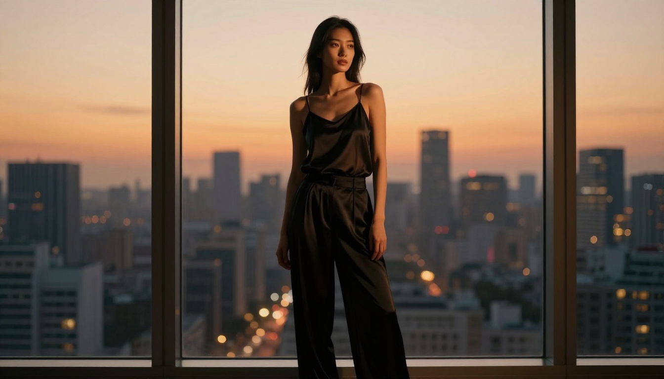A slender East Asian woman standing before a floor-to-ceiling window at dusk, wearing a sheer black camisole, city skyline bokeh behind her, Canon 85mm f/1.2 rim lighting, photorealistic editorial