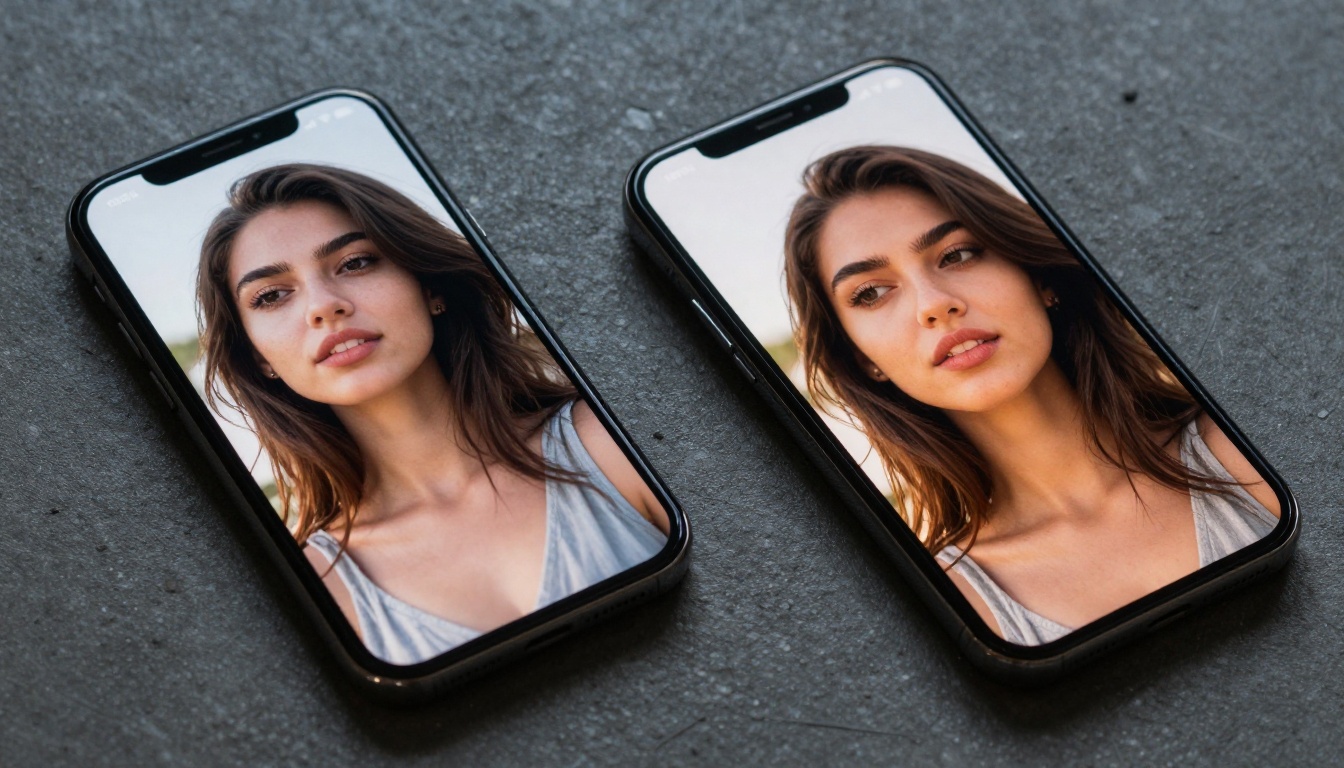Two smartphones side by side on concrete, each showing an AI-generated portrait photo, warm afternoon side light on glass surfaces, shallow depth of field, photorealistic product photography