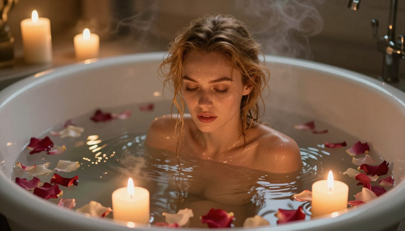 Woman with honey-blonde hair emerging from bathtub surrounded by flickering candles with rose petals on water