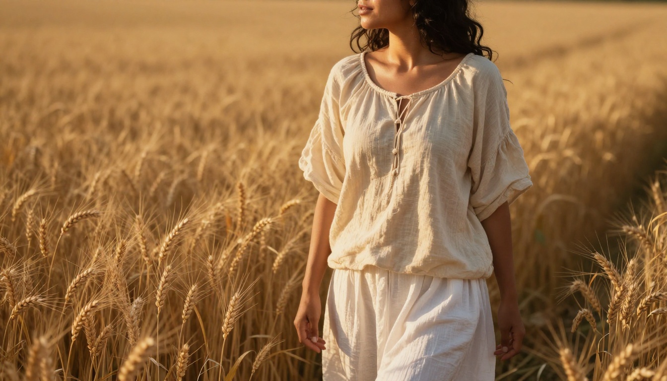 Latina woman with dark wavy hair in white linen skirt standing in golden wheat field at sunset
