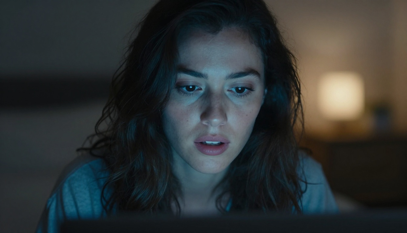 Close-up portrait of a woman illuminated by soft blue laptop glow, captivated expression, Kodak Portra film grain Close-up portrait of a woman illuminated by soft blue laptop glow, captivated expression, Kodak Portra film grain