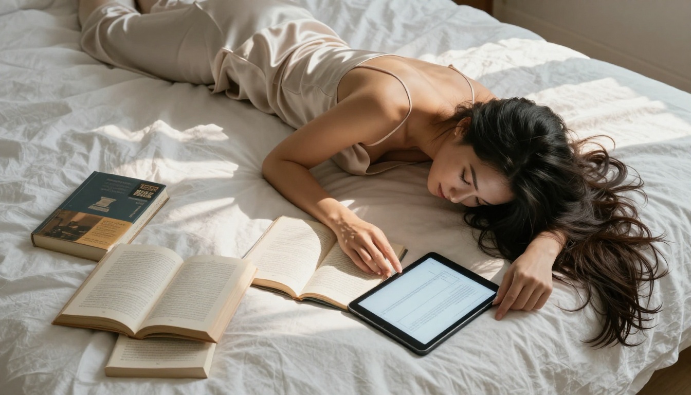 Aerial view of woman on white linen bed surrounded by books and a glowing tablet, diagonal morning light shadows Aerial view of woman on white linen bed surrounded by books and a glowing tablet, diagonal morning light shadows