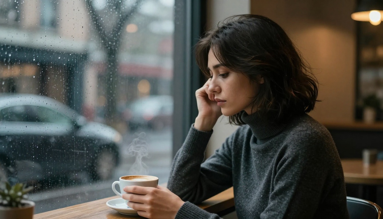 Woman in grey turtleneck by rain-streaked cafe window, contemplative expression, warm vs cool light contrast Woman in grey turtleneck by rain-streaked cafe window, contemplative expression, warm vs cool light contrast