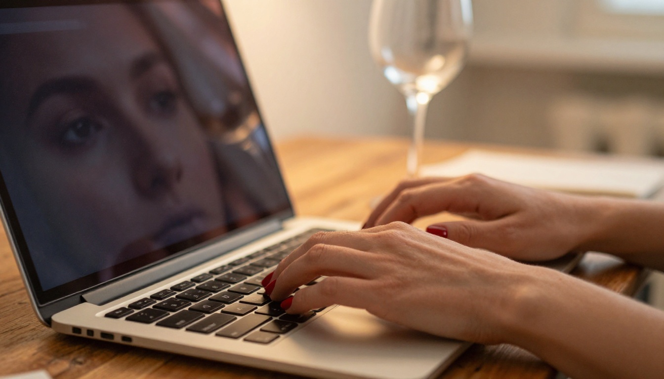 Close-up of elegant female hands typing with red nails, wine glass beside laptop, warm amber lamp light Close-up of elegant female hands typing with red nails, wine glass beside laptop, warm amber lamp light