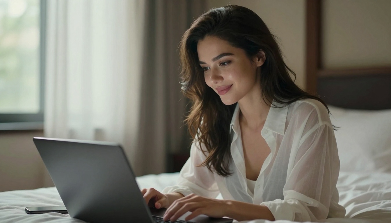 Woman in sheer white blouse in luxury hotel suite reading from laptop, morning light through gauze curtains Woman in sheer white blouse in luxury hotel suite reading from laptop, morning light through gauze curtains