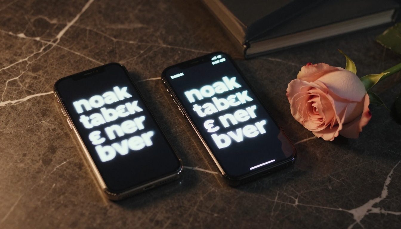 Two phones and a rose on dark marble surface, warm directional light, sophisticated editorial composition Two phones and a rose on dark marble surface, warm directional light, sophisticated editorial composition
